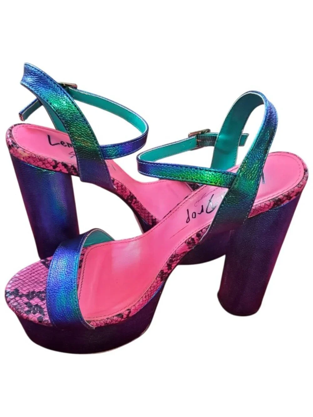 Lemon drop Holographic Platform Heels W/Snake Print Tim Multicolor Size 10